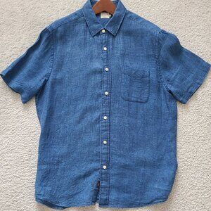Faherty Linen Short Sleeve Indigo Dyed Textured Weave Buttoned Up Shirt - Large